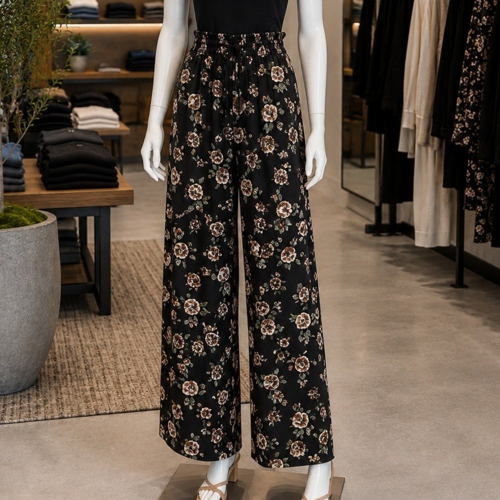 Bloomchic Womens Wide Leg Pants Black Floral Print Elastic Waist Plus Size 26